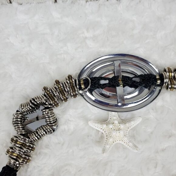 Chunky Metal Disc Link Necklace Silver Black - Picture 10 of 10